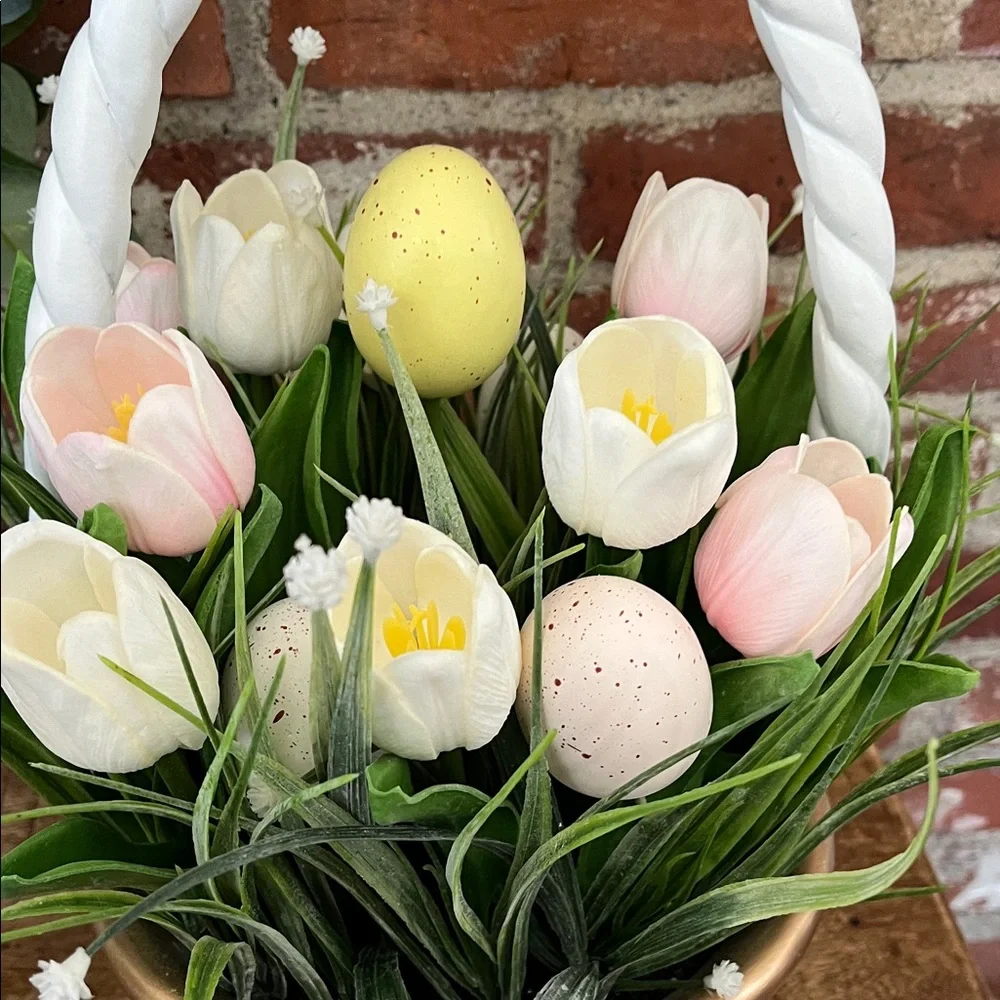 Nicole Miller White Basket Planter with Pink & White Tulips and Pastel Eggs